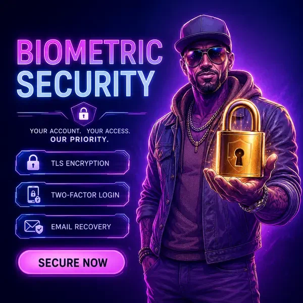 Giocatore che accede all'Autenticazione Biometrica e Funzionalità di Sicurezza con protezione lucchetto dorato