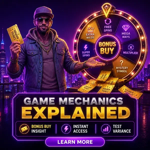 Il Broker dei Biglietti presenta una ruota dei premi luminosa spiegando le meccaniche dei giochi slot su un tetto illuminato al neon