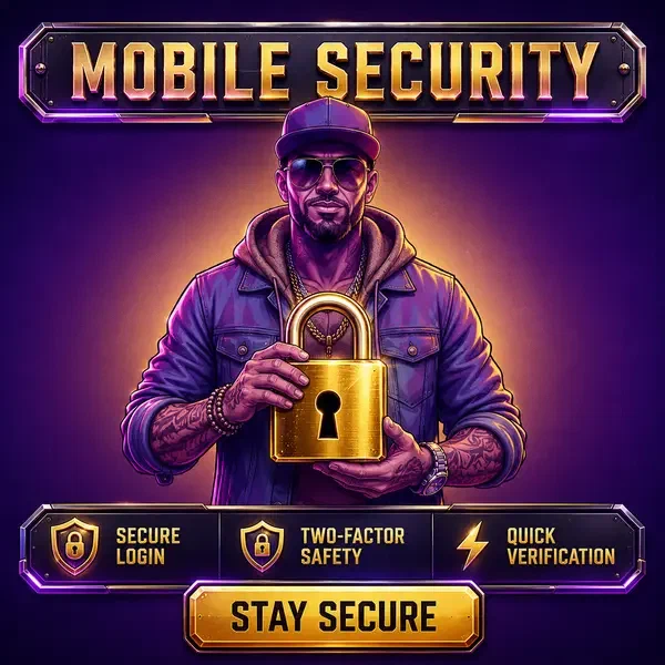 Esperto di sicurezza dalle spalle larghe che presenta un lucchetto dorato al portale dell'app Mobile Security Features and Login Options
