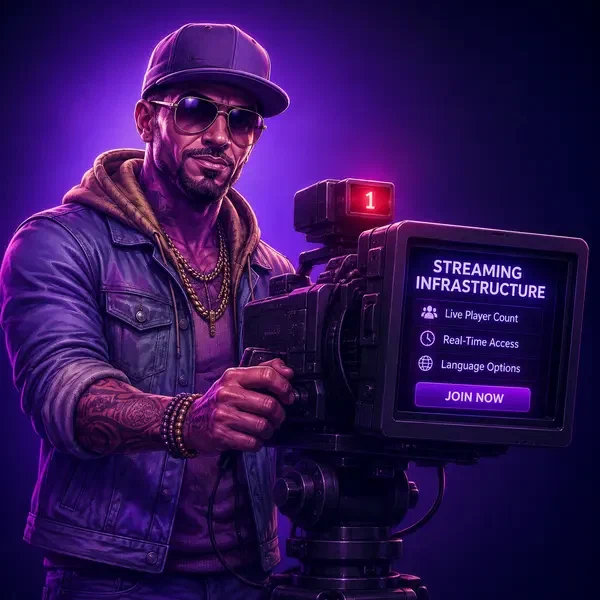 Operatore live casino con telecamera broadcast gestisce Infrastruttura di Streaming e Distribuzione Tavoli